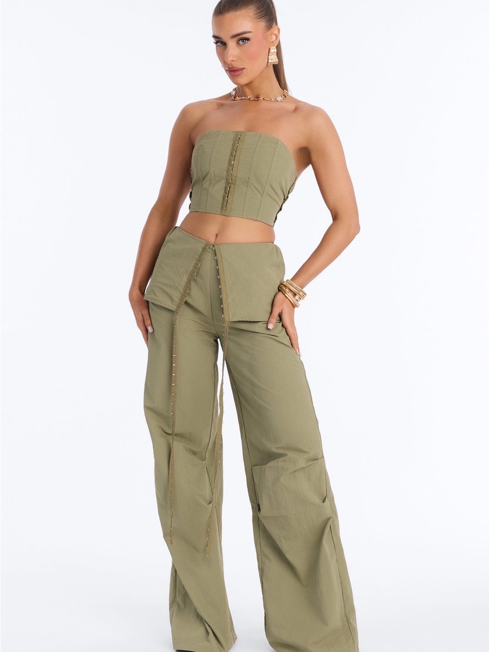 Fashion Nova Olive Strapless Crop Top & Wide-Leg Pants Set